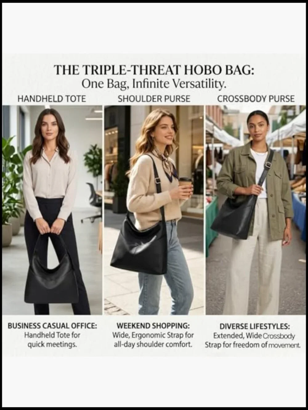 Large Slouchy Hobo Bag Vegan Leather Crossbody Tote Work Travel Daily